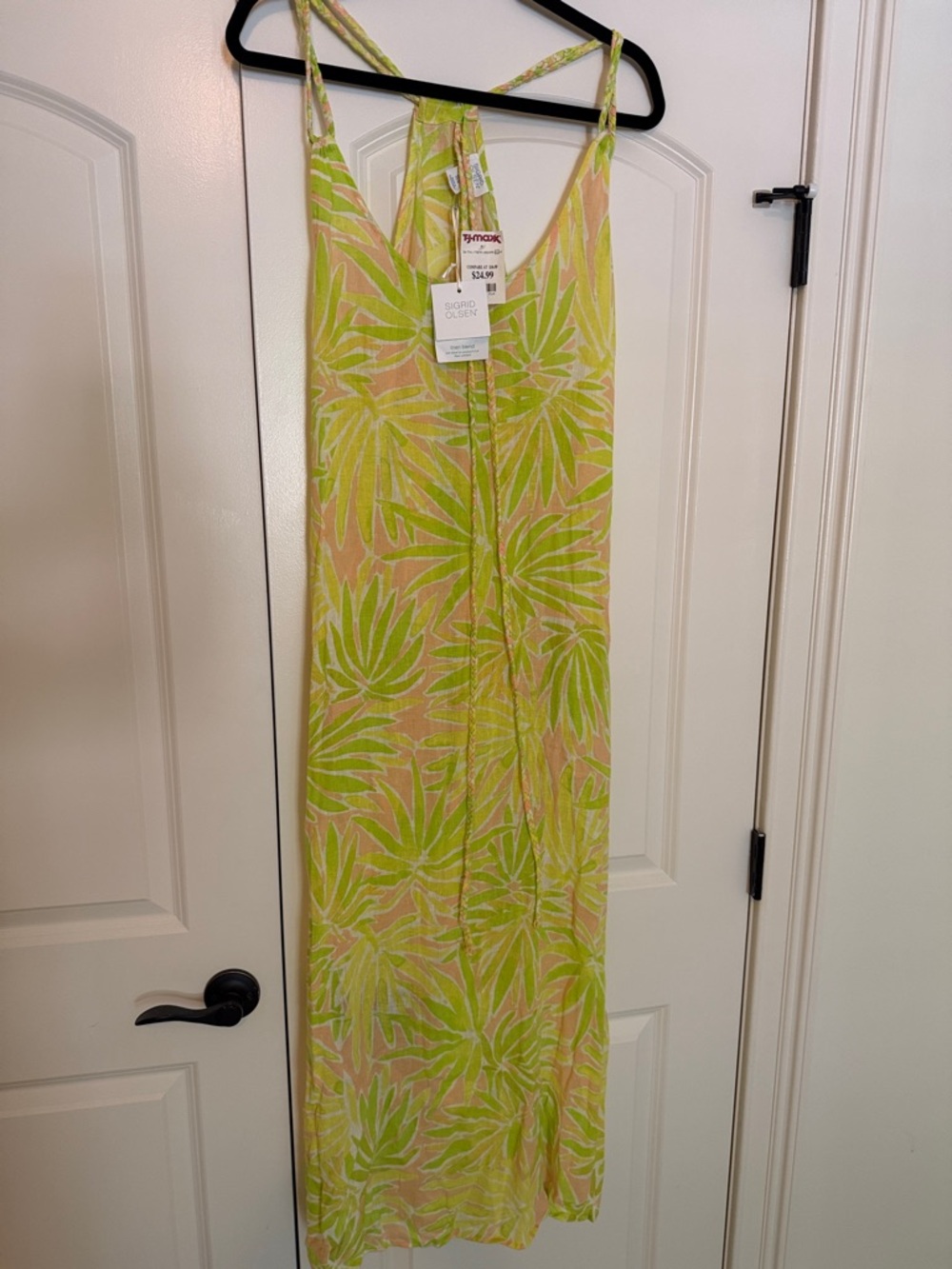 Sigrid Olsen Light Green and Peach Leaf Print Maxi Dress